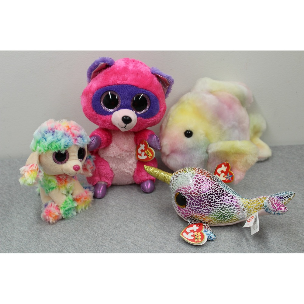 Ty Beanie Boos Plush Kids OS Multi Lot of 4 Roxie Rainbow Nova Fish Glitter Eyes